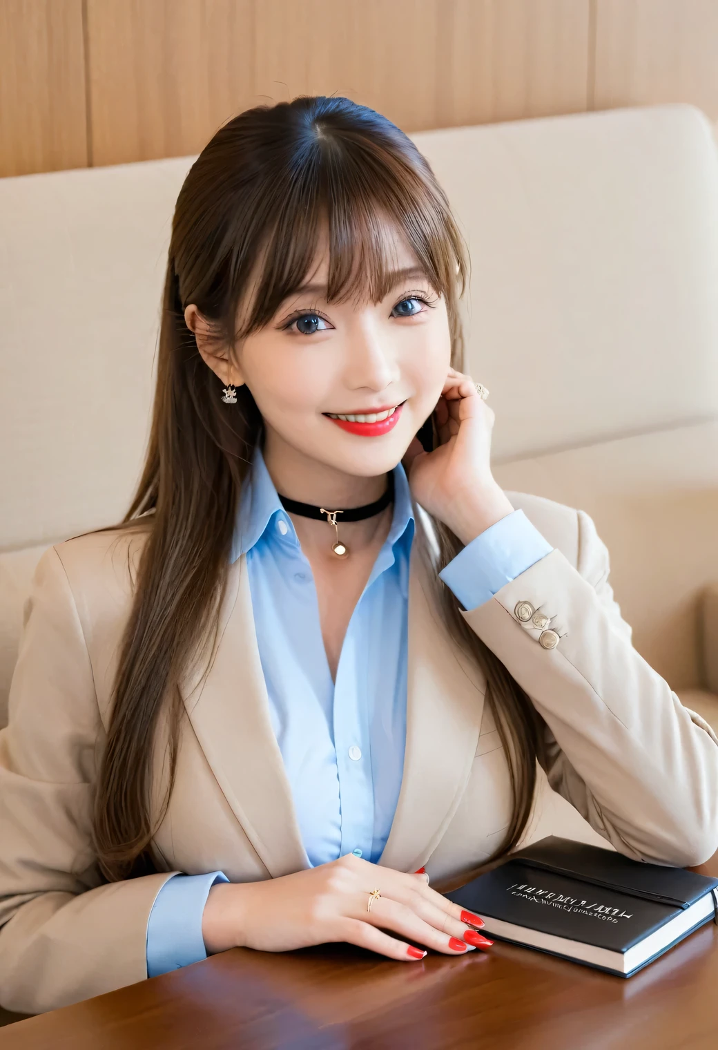 score_8up, score_9, Portrait、Scene at work、Table Top、Straight long hair, Brown Hair, sexly, girl, ((Light blue tight collar shirt、blazer))， adorable， smile， ((Slim face, Slim body))，Perfect hands，Black choker、Blue Contact Lenses、bangs、Very long, bushy eyelashes、((Big Breasts)), Dependents, Red lipstick, Anatomically correct、Lounge、lobby、sofa、table、Dependents、Submissive woman，There are documents and a pen on the table, Earrings、Red nail polish、ring、ring earrings