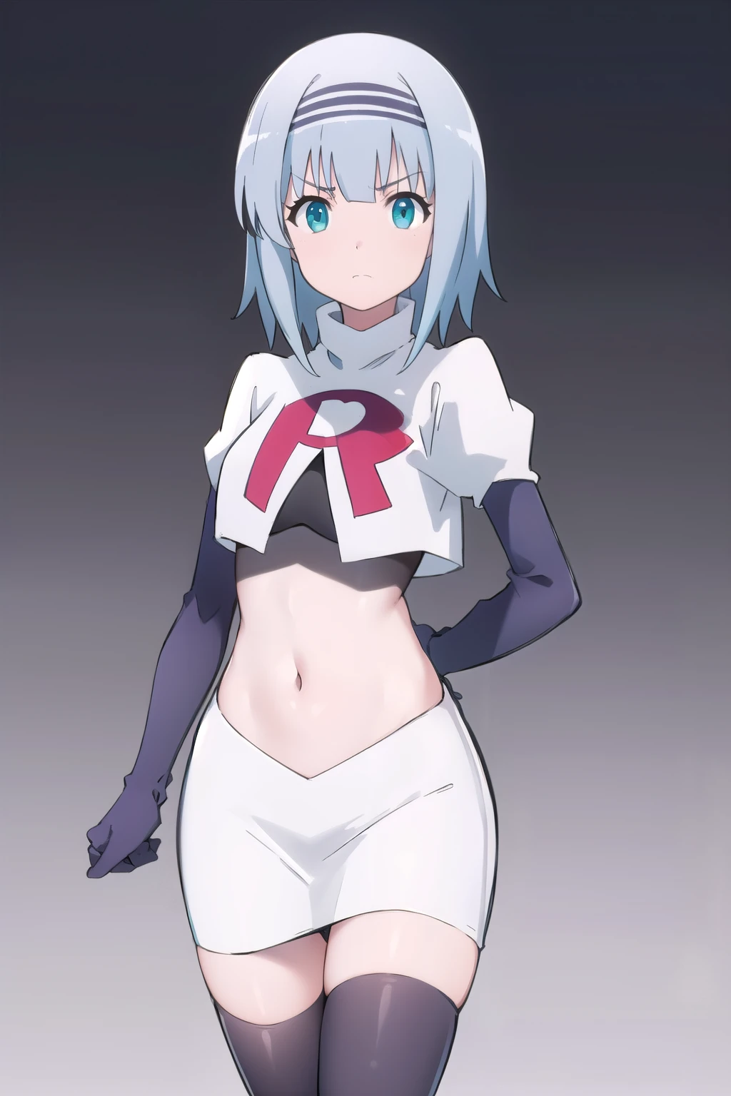 solo, 1girl, looking at viewer, 2D, anime, anime coloring, (simple background, solid white background:1.3), linze silhoueska, team rocket,team rocket uniform,white skirt,red letter R,crop top,black thigh-highs,black elbow gloves
