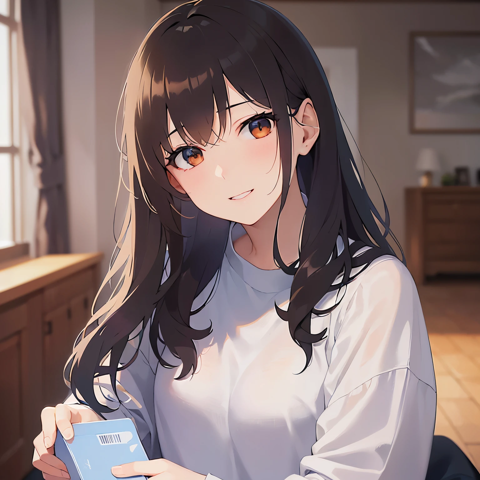 (looking at viewer:1.5),Upper Body,head tilt,
Realistic, real person, (pale skin: 1.2), RAW photo, photorealistic, shiny skin, shiny hair、
(A 25-year-old woman with medium-length hair and bangs) and (wavy hair) and (brown hair) and (orange eyes) 、
smile, White long sleeve shirt、The background is the living room at night