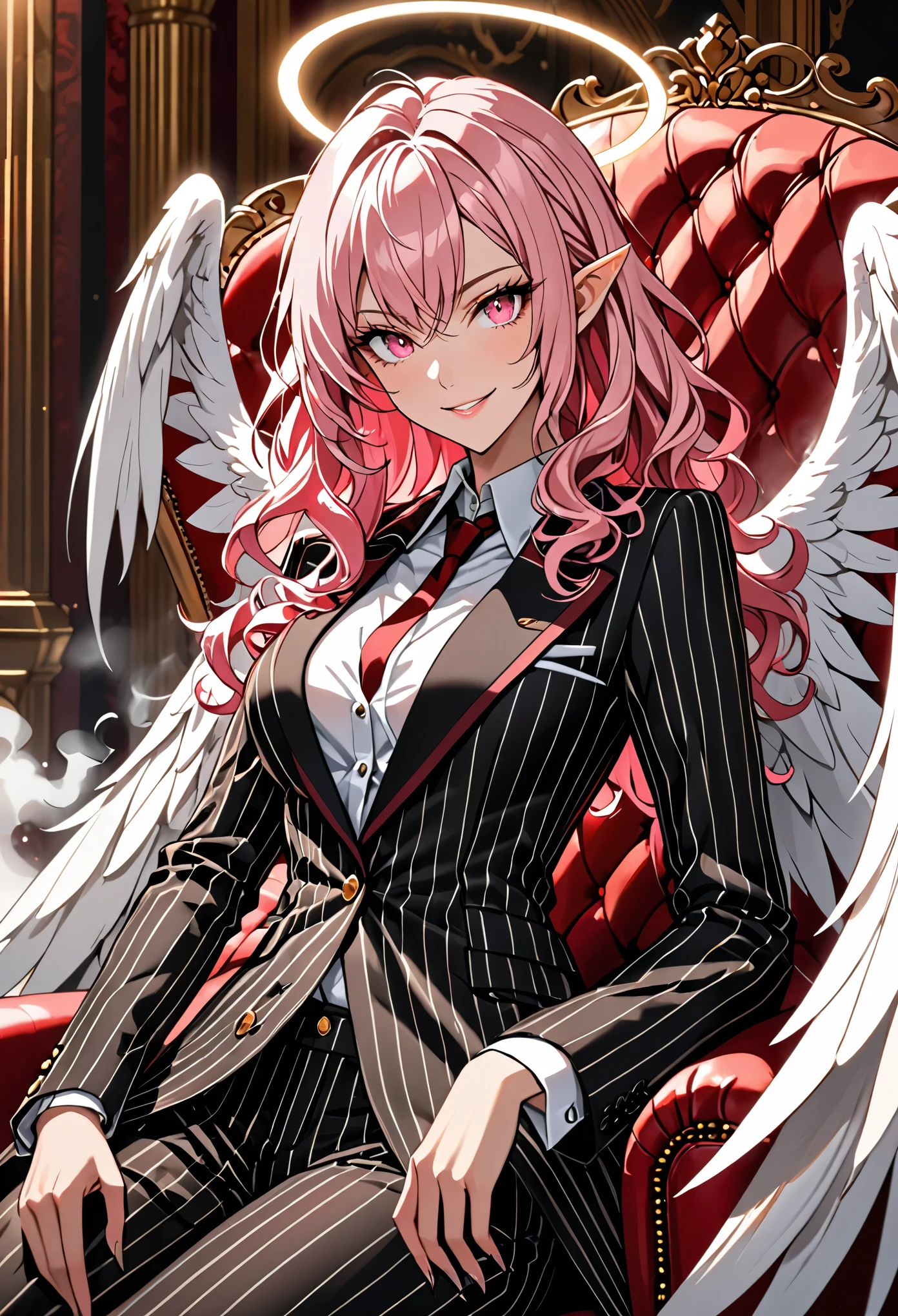 solo, very tall female, short pink hair, wavy hair, short pointed ears, glowing pink eyes, medium breasts, tall, black pinstripe male business suit, white shirt, huge white wings, pinstripe suit, pinstripe pants, friendly smile, luxurious, red leather sofa chair, velvet, curvaceous, warm, close up, overcoat, smoke, whisky glass, glowing golden halo, angel girl, shirt with its top button undone