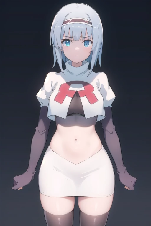 solo, 1girl, looking at viewer, 2D, anime, anime coloring, (simple background, solid white background:1.3), linze silhoueska, team rocket,team rocket uniform,white skirt,red letter R,crop top,black thigh-highs,black elbow gloves