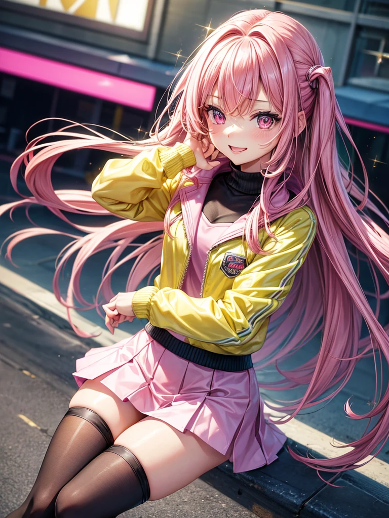 Best Quality，Young Girl， girl，Light novel， girl，Beautiful girls，８K，Perfectly portrayed，Pink Eyes，colorful hair colors，smile，High quality，Latest Fashion，future fashion，Latest Outfits，Absurd，colorful，masterpiece，Long Hair，Yellow Track Jacket，Sparkling，Horny girl，very cute，Naughty Girls，Angel，Perfect Face，strongest，mini skirt，tights，stylish，