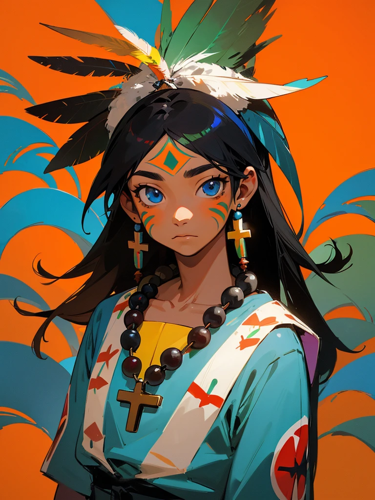 anime 12 year old brazilian indigenous boy from the indigenous people of the amazon, indigenous traditional clothing, Anime art style as an acrylic painting, long straight black hair, with blue eyes, Traditional Blue Body Painting of Indigenous Peoples, fearless face, wearing rosary with cross around neck along with colorful bird feathers