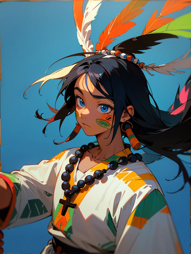 anime  brazilian indigenous boy from the indigenous people of the amazon, indigenous traditional clothing, Anime art style as an acrylic painting, long straight black hair, with blue eyes, Traditional Blue Body Painting of Indigenous Peoples, fearless face, wearing rosary with cross around neck along with colorful bird feathers