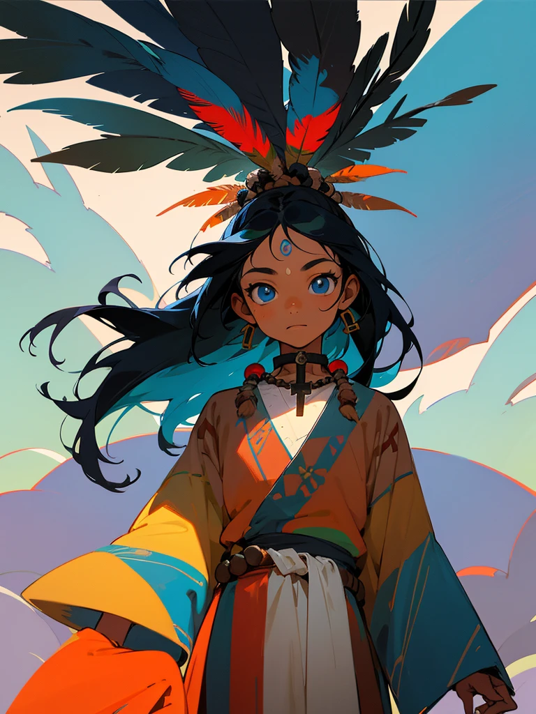 anime 12 year old brazilian indigenous boy from the indigenous people of the amazon, indigenous traditional clothing, Anime art style as an acrylic painting, long straight black hair, with blue eyes, Traditional Blue Body Painting of Indigenous Peoples, fearless face, wearing rosary with cross around neck along with colorful bird feathers