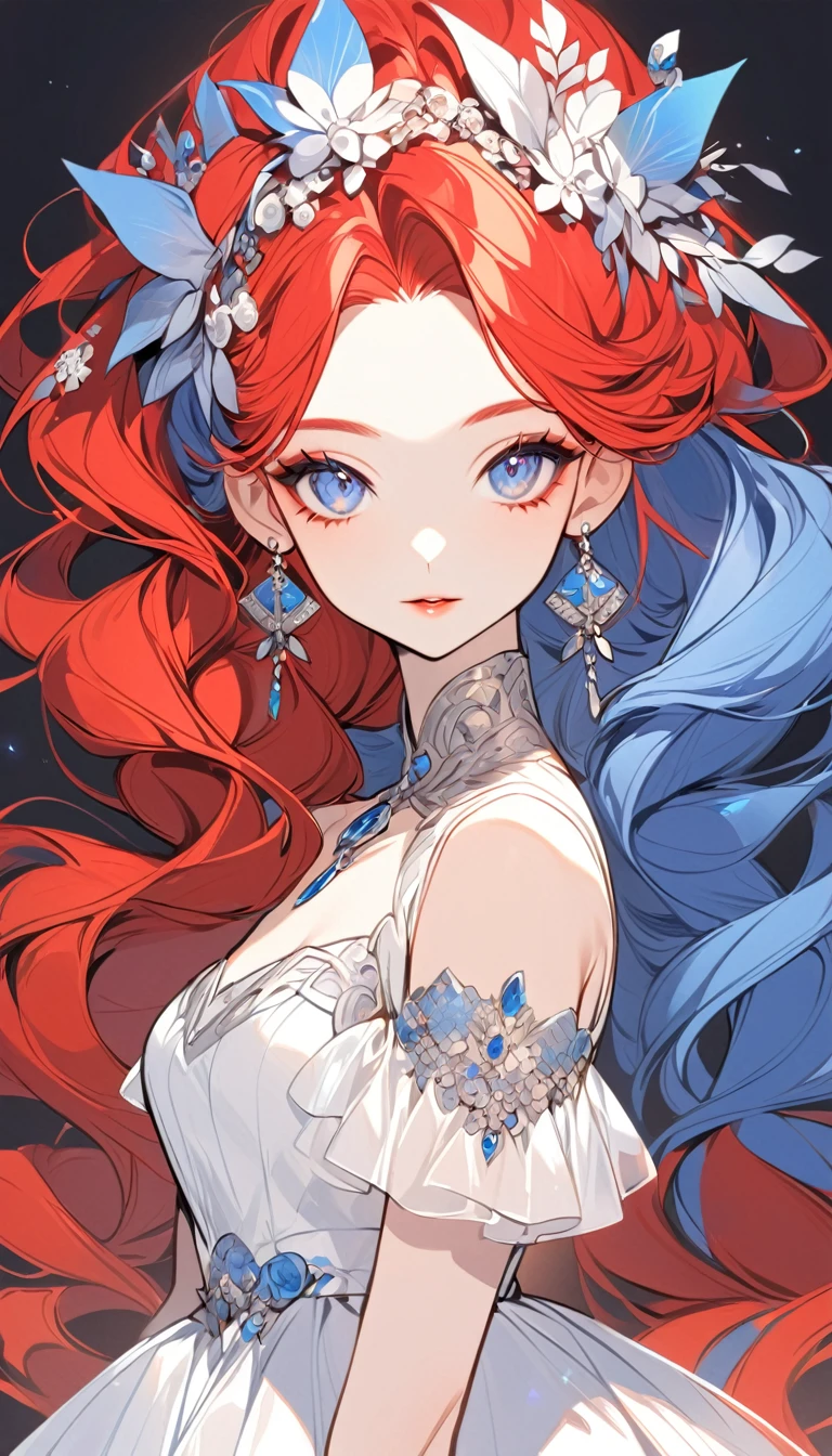 a stylized art of a woman in a pretty dress with blue hair, 1girl, solo, jewelry, earrings, blue eyes, looking at viewer, mole, black background, red hair
