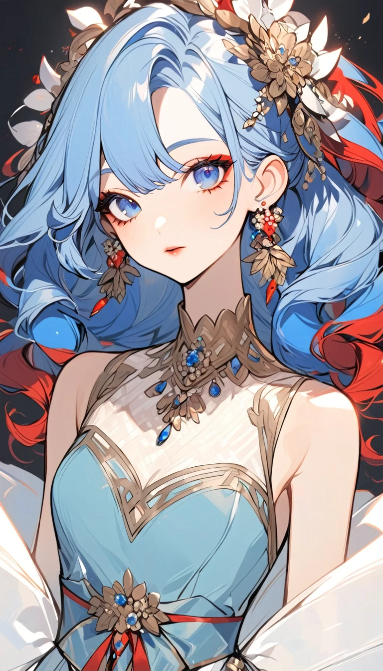 a stylized art of a woman in a pretty dress with blue hair, 1girl, solo, jewelry, earrings, blue eyes, looking at viewer, mole, black background, red hair
