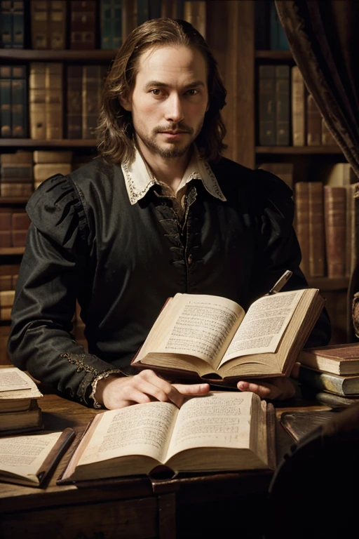 An illustration of William Shakespeare with an open book, with characters from his famous plays like Hamlet and Juliet around him.