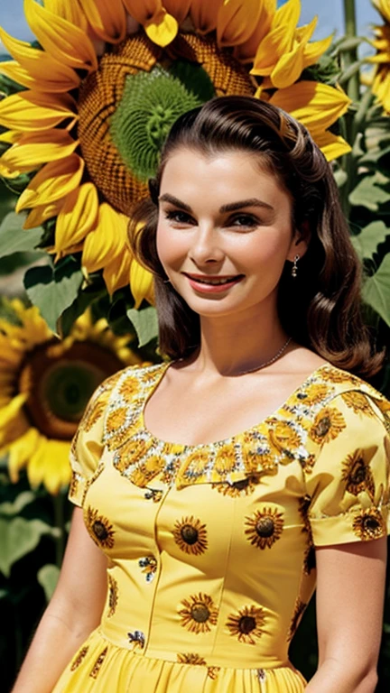 Jean Simmons wearing clothes made of sunflowers and smiling