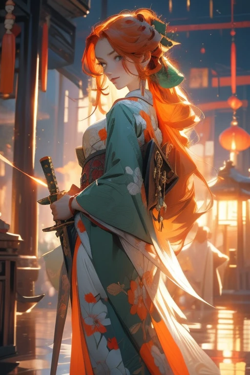Perfect face. Perfect hands. An orange haired woman with green eyes and an hourglass figure in a kimono is holding a single weapon with a polite smile at the shrine