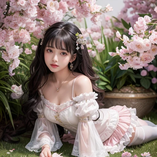 best quality, masterpiece, lifelike, 1 girl, solitary, eternity, black hair, Long curly hair, Bangs, laugh out loud, layered lace skirt, Puff sleeves, Wide sleeves, Transparent sleeves, 在flower园里, flower, Detailed Background, Delicate face,pink blush,White,knee socks, pink shoes,cold,lots of lace,((masterpiece))、(top quality)、8k、high detail、Super detailed、 21 years old female,masterpiece、born、Scenes resembling fairy tale illustrations、intricate details showcase the ruffles and intricate designs of the Lolita dress、fair、magic、realism、Visual effects、FXAA、SSAO、Shader、voiceless、ambient lighting、Tone mapping、High resolution、Ultra high quality、Million pixels、(8k resolution:1.10)、8k resolution、high detail、intricate details、 (high quality:1.2、masterpiece:1.2、:1.21)、(21 years old female)(Surrounded by a dreamy atmosphere ),Hair accessories are not allowed