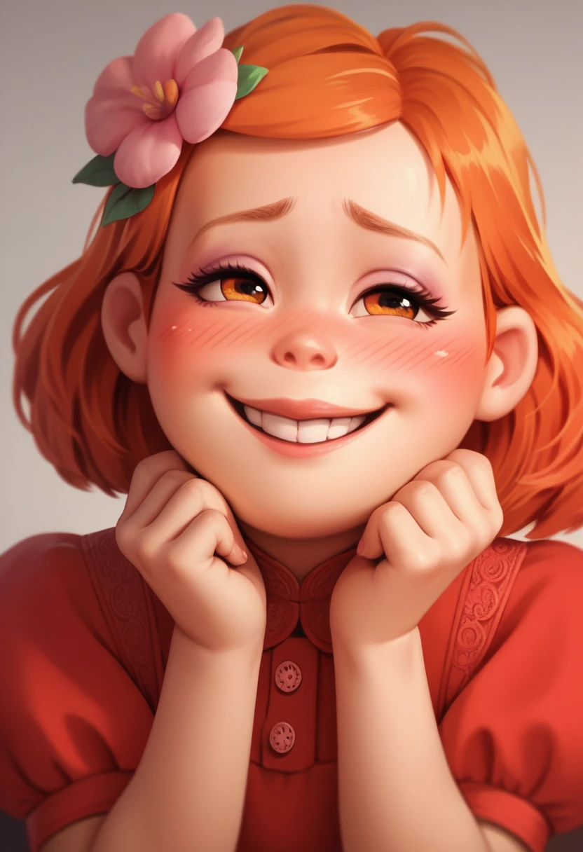 meilinlee, pink flower on hair, orange hair, red dress, makeup, shy smile, blush