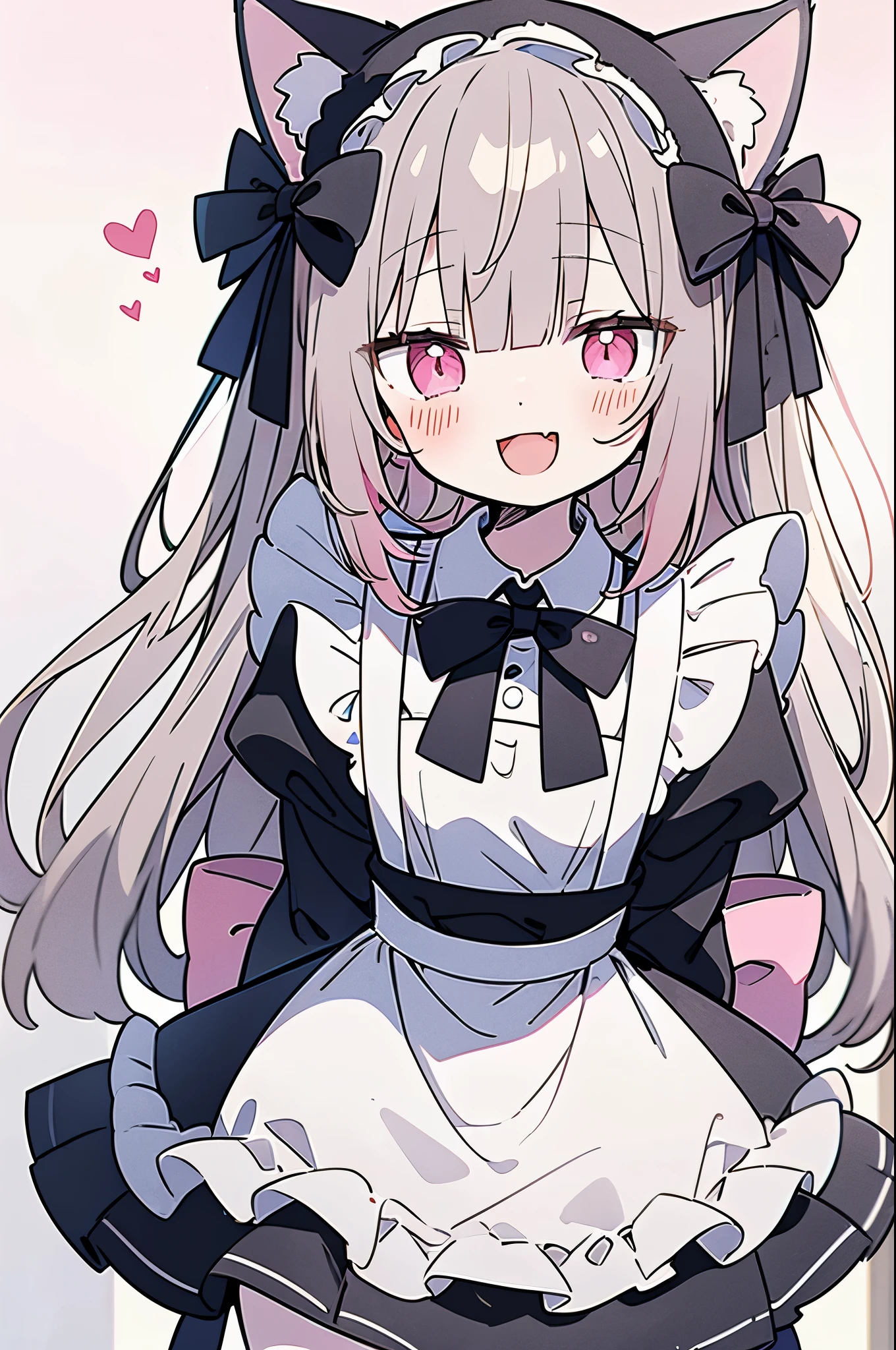Gray Hair,Straight hair,Pale pink eyes,Cat girl,White cat ears,Open your mouth,smile,front,Wearing a maid outfit