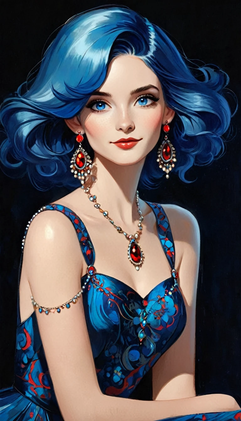 a stylized art of a woman in a pretty dress with blue hair, 1girl, solo, jewelry, earrings, blue eyes, looking at viewer, mole, black background, red hair
