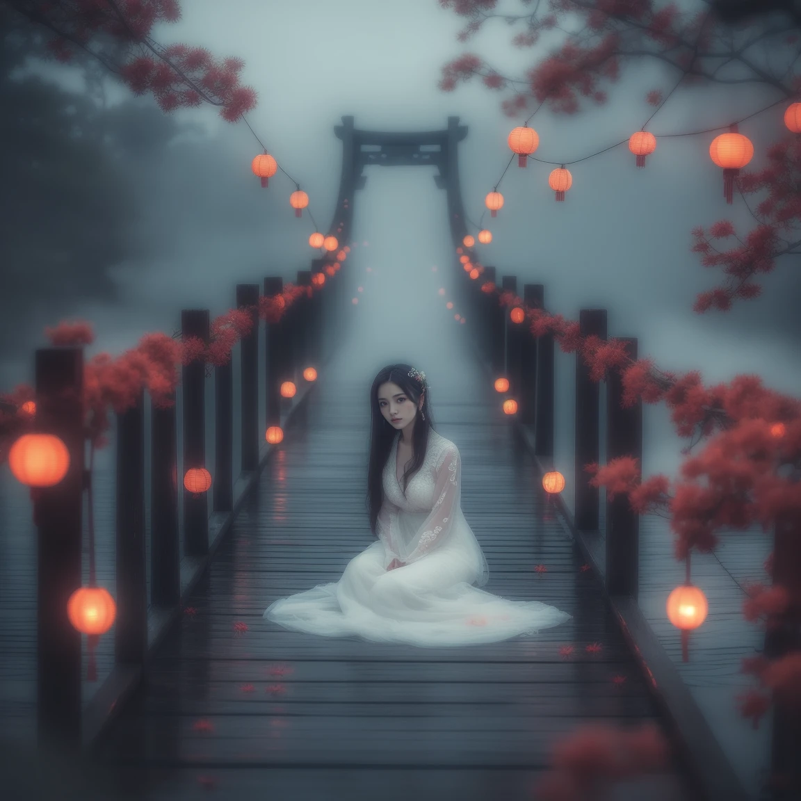 (masterpiece, best quality:1.2), upper body, ((1 beauty girl)), ((wearing clothes)), solo, ((sitting pose)), The mysterious Chinese wooden suspension bridge is endlessly long, floating in the mist, on both sides of the bridge are fallen lanterns, on both sides of the river are decorated with red spider lilies, ethereal lighting, delicate smoke effects, dreamlike background , the symbol symbolizes the spiritual journey and reunion, gentle pastel colors, quiet atmosphere, chinese hell theme, cinematic, dark scene,
