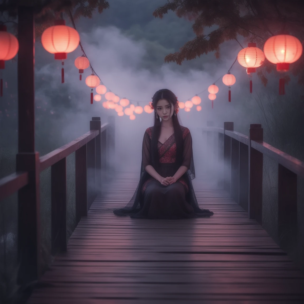 (masterpiece, best quality:1.2), upper body, ((1 beauty girl)), ((wearing clothes)), solo, ((sitting pose)), The mysterious Chinese wooden suspension bridge is endlessly long, floating in the mist, on both sides of the bridge are fallen lanterns, on both sides of the river are decorated with red spider lilies, ethereal lighting, delicate smoke effects, dreamlike background , the symbol symbolizes the spiritual journey and reunion, gentle pastel colors, quiet atmosphere, chinese hell theme, cinematic, dark scene,
