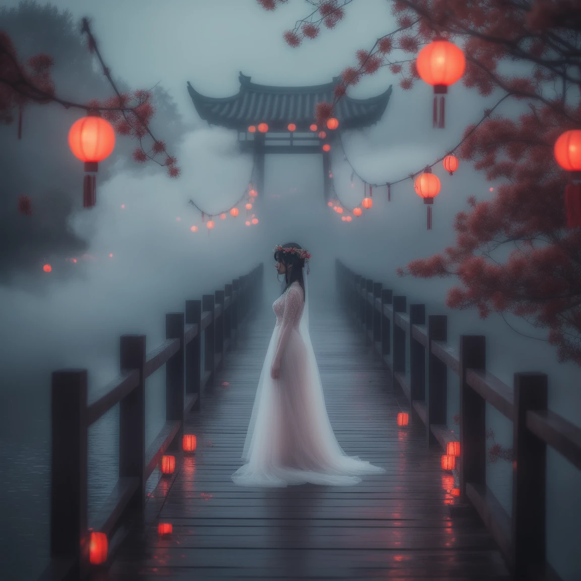 (masterpiece, best quality:1.2), upper body, ((1 beauty girl)), ((wearing clothes)), solo, ((standing pose)), The mysterious Chinese wooden suspension bridge is endlessly long, floating in the mist, on both sides of the bridge are fallen lanterns, on both sides of the river are decorated with red spider lilies, ethereal lighting, delicate smoke effects, dreamlike background , the symbol symbolizes the spiritual journey and reunion, gentle pastel colors, quiet atmosphere, chinese hell theme, cinematic, dark scene,