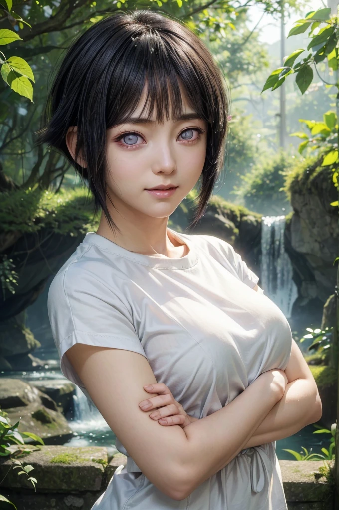 masterpiece, best quality, (realistic,photo-realistic:1.4), (RAW photo:1.2), extremely detailed CG unity 8k wallpaper, delicate and beautiful, amazing,finely detail, official art, absurdres, incredibly absurdres, huge filesize, ultra-detailed,extremely detailed eyes and face,light on face,hinata,(little smile),(black hair:1.4),(short hair:1.4),(wearing white t-shirt:1.4),(nature background:1.4),(byakugan eyes:1.6)