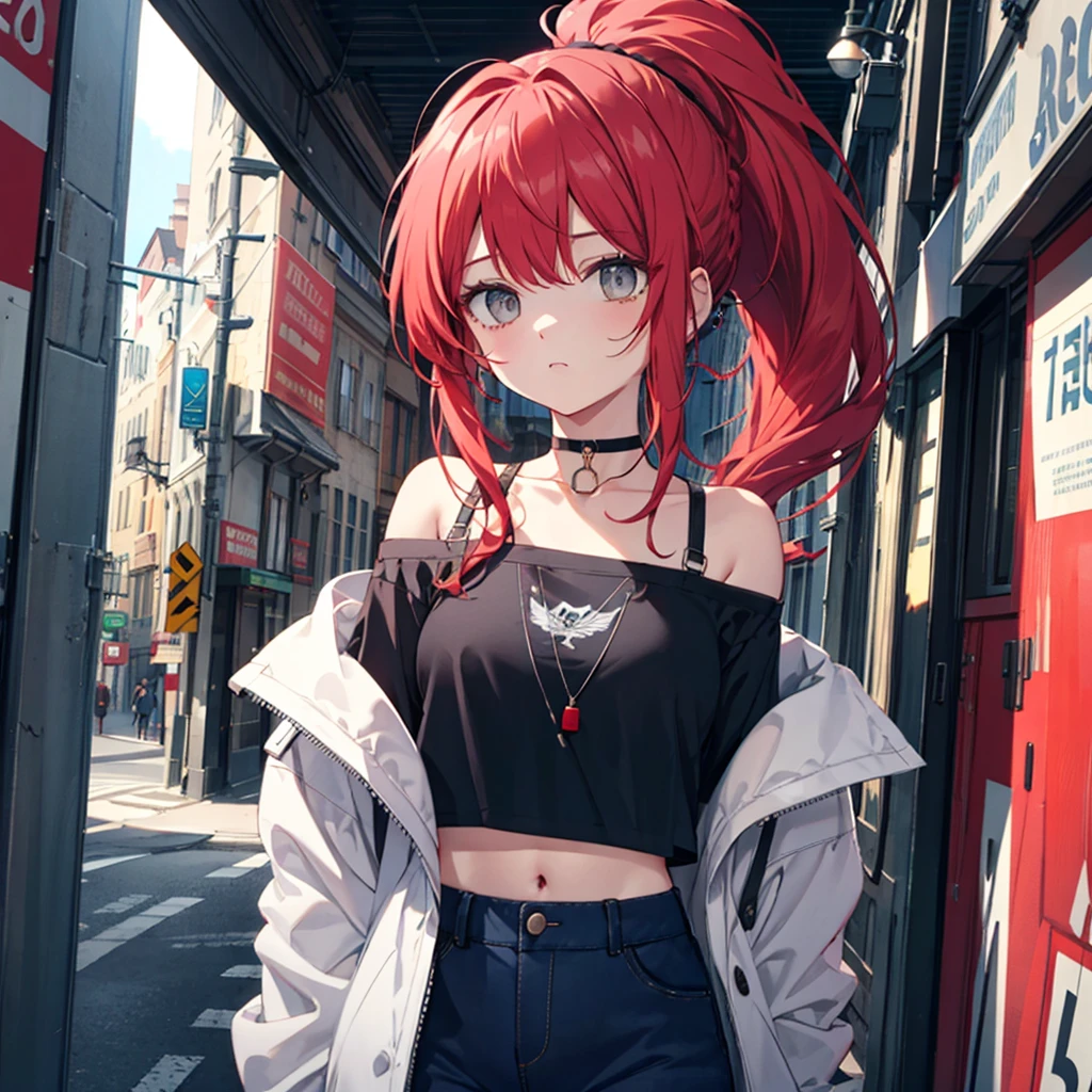 ultra closeup, Visible only up to the shoulders, portrait, [[[[[[1 woman]]]]]] {{{ponytail hair}}}, With bangs, long hair, red hair, gray eyes animation, Breasts slightly larger, medium hips, choker, with a straight face, inexpressive, black clothes, Casual clothes, Boxty, black crop tee, plain clothes, white outerwear, choker, very detailed, 8k, game illustration, city background, retro pictures
