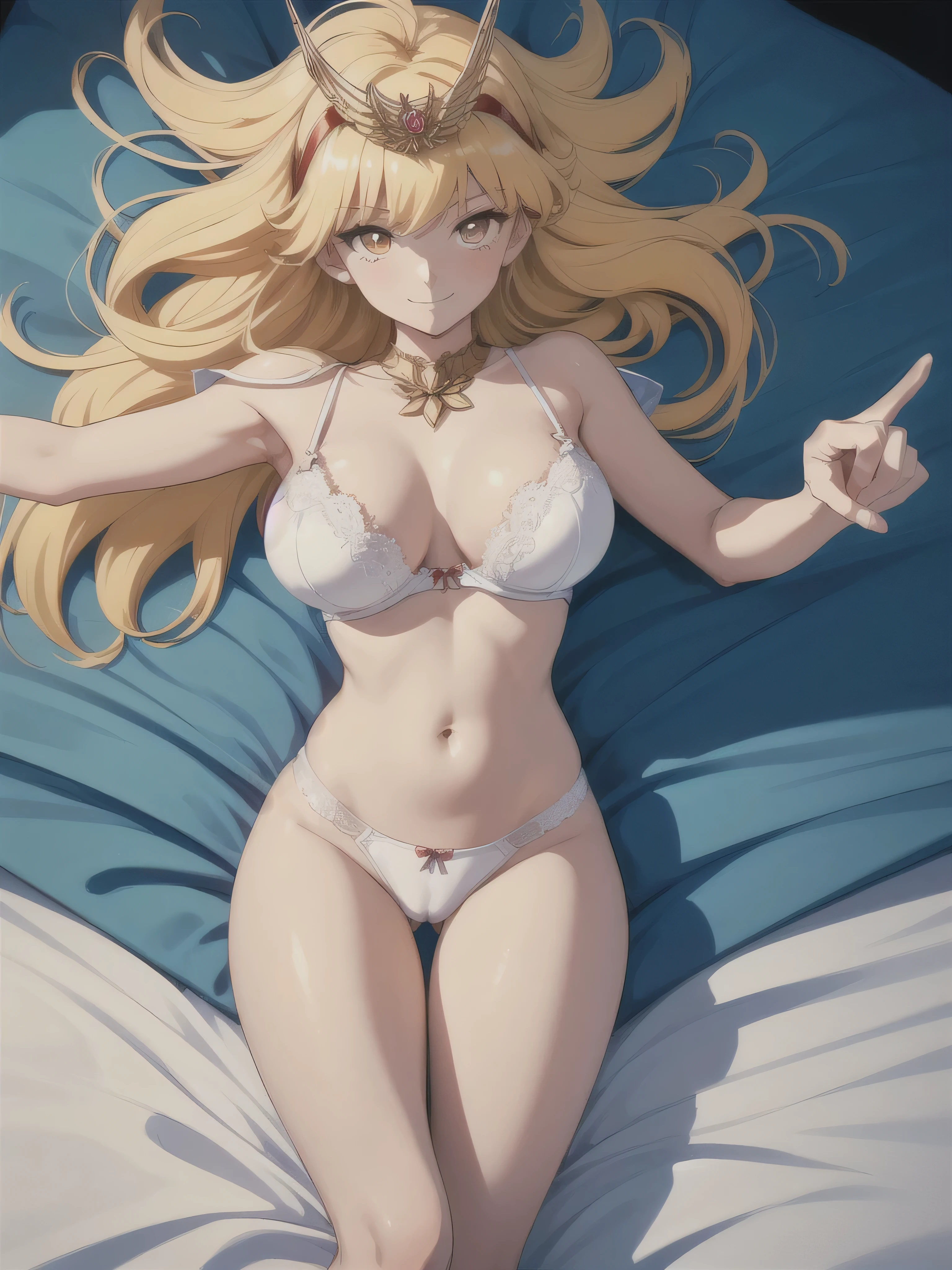 (masterpiece, super high quality, 32K ultra HD anime, anime style, highly detailed, perfect anatomy, perfect human anatomy, NSFW-14, uncensored), ((MagicalPrincess, full nude)), mature woman, solo, (blonde hair, long hair, straight hair, thick parted bangs, flicked bangs on the ends, hair blowing in the wind), (detailed beautiful eyes, orange eyes), smiling face, beautiful collarbone, (huge breasts: 1.7, firm breasts), (beautiful arms, beautiful elbows, beautiful hands, beautiful fingers, (four fingers, one thumb)), smooth belly, wide waist: 1.0, wide hips 1.4, beautiful thighs, beautiful knees, beautiful calves, beautiful feet, beautiful toes, white lace bra, white lace panties, (lying on back, legs spread, on bed), looking at viewer, (bedroom background, large bed, dimly lit room), cowboy shot, (front view, shot from below), score_9_up,score_8_up,score_7_up,score_6_up,