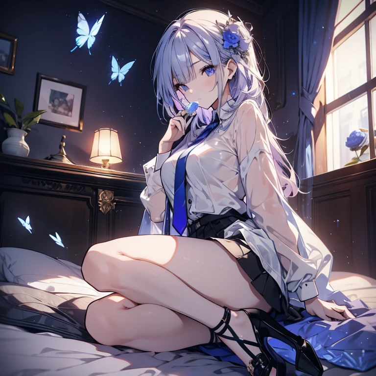 1 girl、Mature、Ample breastedium Hair、Slanted Eyes、Eyebrows、Lavender beige hair、Blue Butterfly、Look to the side、Fleeting、Undress your shirt、Miniskirt、garter、Stiletto heels、Eating a blue rose、sit、cool、Dimly lit room、Blue Stained Glass、ソファにsit、birdcage、High resolution、Highest quality