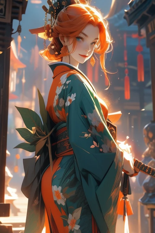 Perfect face. Perfect hands. An orange haired woman with green eyes and an hourglass figure in a kimono is holding a single weapon with a polite smile at the shrine
