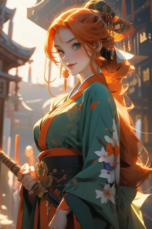 Perfect face. Perfect hands. An orange haired woman with green eyes and an hourglass figure in a kimono is holding a single weapon with a polite smile at the shrine