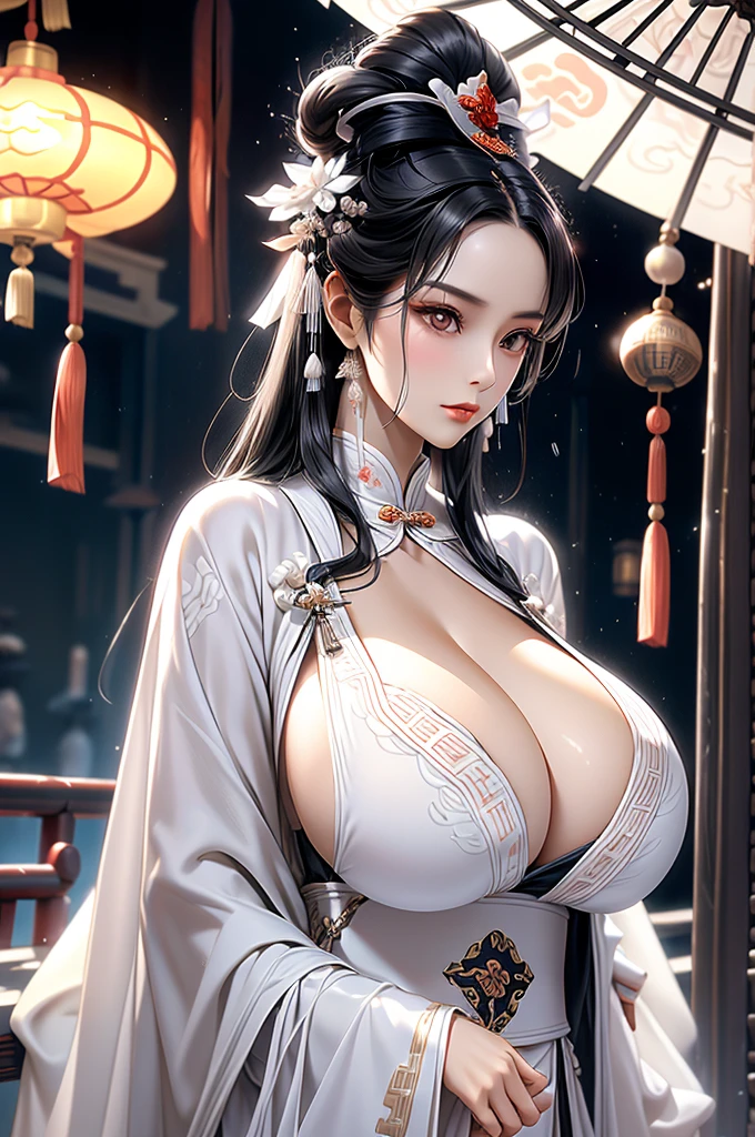 Black Hair, Immortal, Royal sister, Stepmother, White Robe, Taoist robe, Chinese style, Hair Bunch, Beautiful breasts