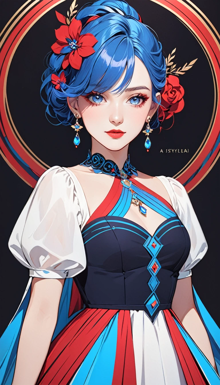 a stylized art of a woman in a pretty dress with blue hair, 1girl, solo, jewelry, earrings, blue eyes, looking at viewer, mole, black background, red hair

