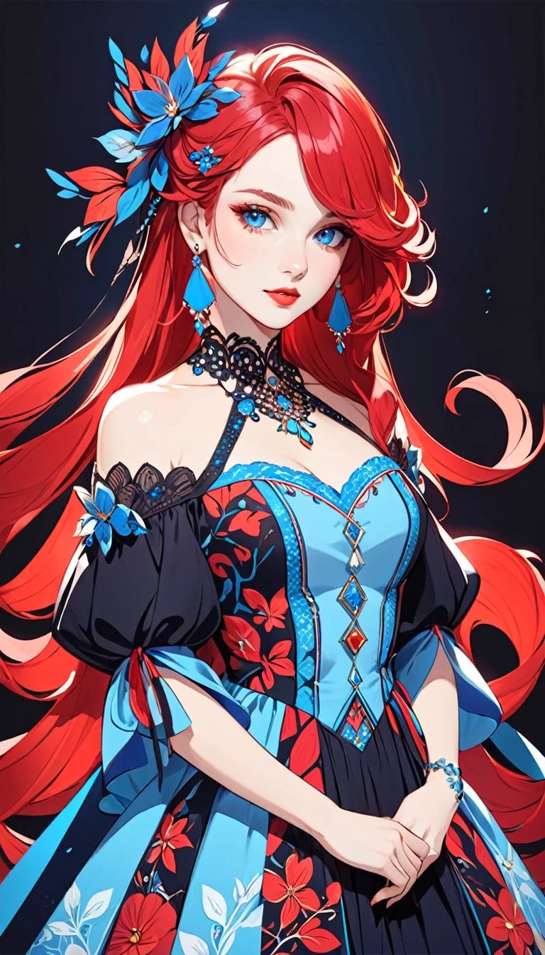 a stylized art of a woman in a pretty dress with blue hair, 1girl, solo, jewelry, earrings, blue eyes, looking at viewer, mole, black background, red hair