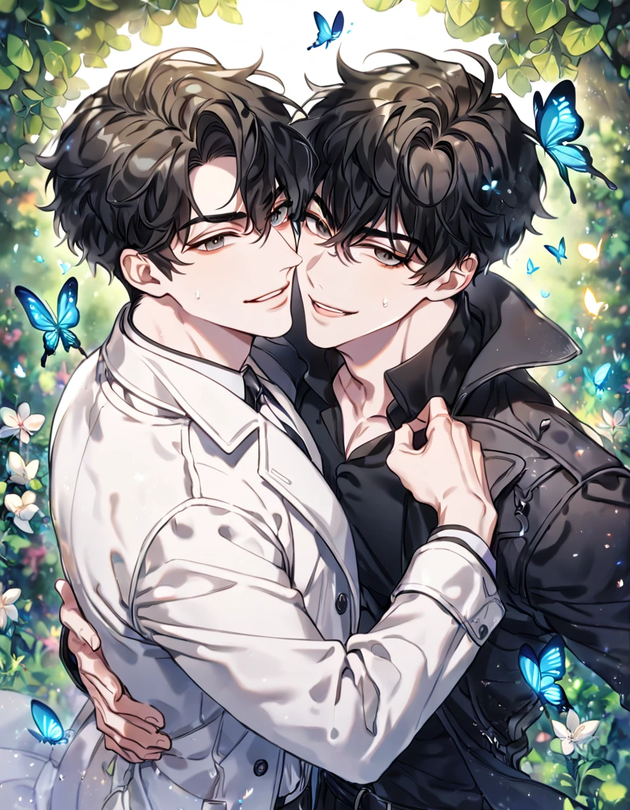 absurdres, highres, ultra detailed, HDR, master piece, best quality, extremely detailed face, delicated features, Kim Dokja, black hair, expressive brown eyes, Omniscient Reader's Viewpoint, Yoo Joonghyuk, black hair, expressive gray eyes, two sexy men together, yaoi, gay couple,handsome, handsome smile, black coat, white coat, fantasy, magical, butterflies, summer, green leaves, flowers, garden