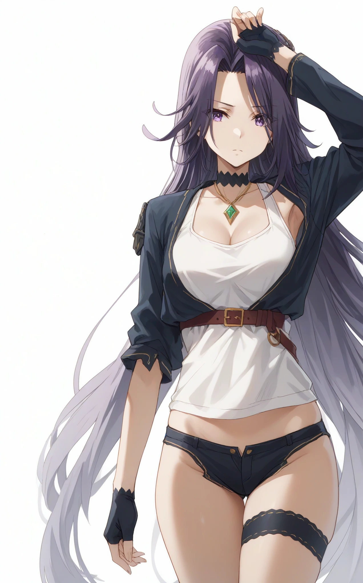 aurora,tall woman, long hair, purple hair, very long hair, purple eyes,white tank top,black shorts