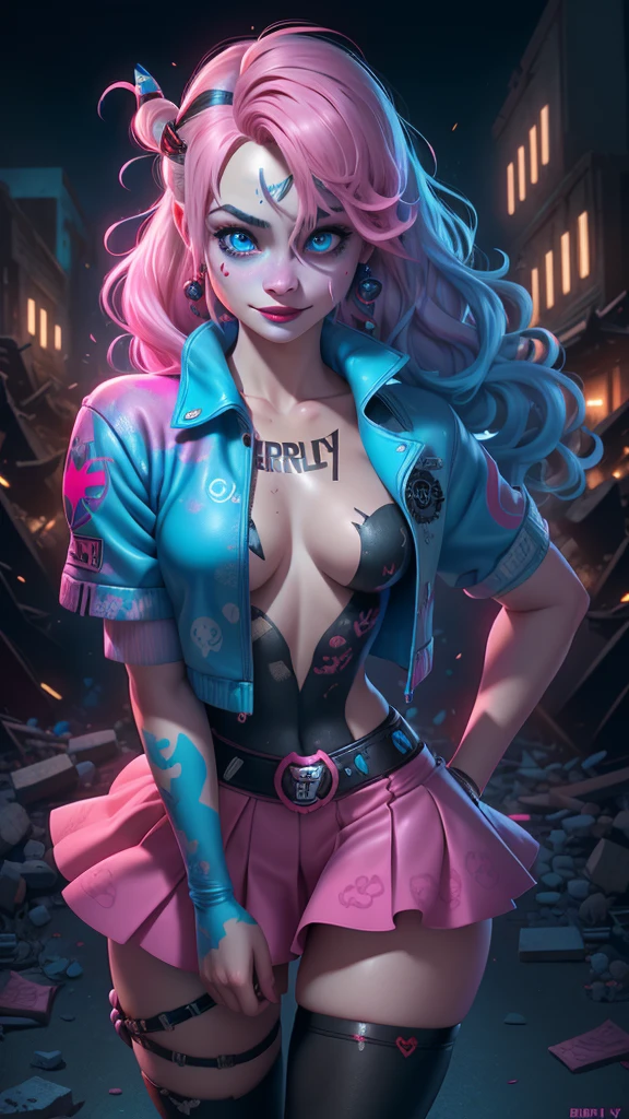 (La Best Quality,A high resolution,Ultra - detailed,actual),harley quinn supergils sexy , (Margot Robbie dressed as harley quinn in Suicide Squad all alone) ,(Ruined dungeon ruins background:1.4 ), TOP Negro violent ,(pink hair +red:1.4), MINISKIRT Corto yellow , More detailed 8K.unreal engine:1.4,UHD,La Best Quality:1.4, photorealistic:1.4, skin texture:1.4, masterpiece:1.8,first work, Best Quality,object object], (detailed face features:1.3),(Beautiful blue eyes),  (cowboy pose), ,( cyberpunk 2.1),( harley quinn:1.4),( harley quinn V2.1), (gothic city background), (bright colors:1.4), (Margot Robbie dressed as harley quinn in Suicide Squad all alone), high quality, (RAW photo, best quality), (realistic, photorealistic: 1.4), (extremely delicate and beautiful: 1.4), amazing, fine details, masterpiece, ultra detailed, high resolution, best illustration, best shadow, intricate, ( extremely intricate: 1.2), (exquisitely detailed skin), cinematic light, perfect anatomy, (cool color: 1.4), sharp focus, 8k UHD, DSLR, (Fujifilm XT3), score_9, score_8_up, score_7_up, score_6_up, rating_explicit, 1girl, ((18YO:1.2)), Adult, full lips, big clear eyes, light blue eyes, ((blond hair:1)), (long wavy hair: 1.2),More detailed 8K.motor irreal:1.4,UHD,La mejor calidad:1.4, fotorrealista:1.4, textura de la piel:1.4, obra maestra:1.8,obra-prima, mejor calidad,objeto Objeto], (detailed face features:1.3),(Las proporciones correctas),(Ojos hermosos azules),  (pose vaquero)