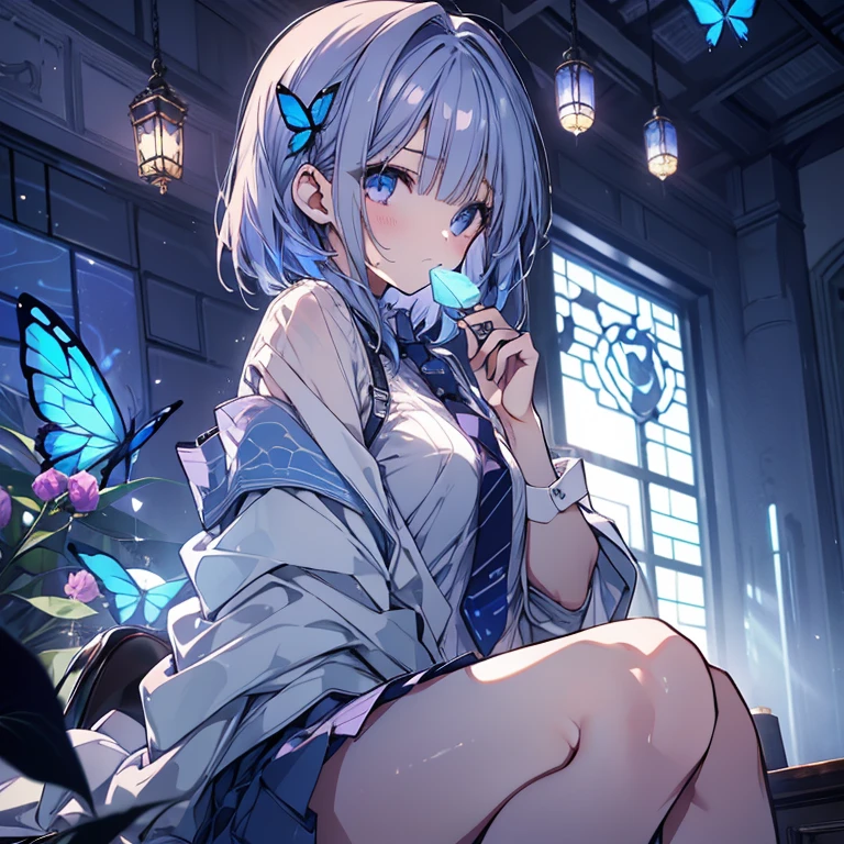 1 girl、Mature、Ample breastedium Hair、Slanted Eyes、Eyebrows、Lavender beige hair、Blue Butterfly、Look to the side、Fleeting、Undress your shirt、Miniskirt、garter、Eating a blue rose、sit、cool、Dimly lit room、Blue Stained Glass、ソファにsit、birdcage、high