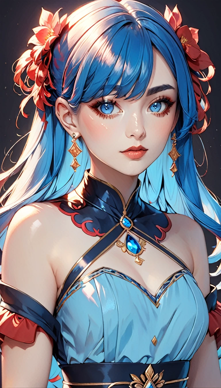 a stylized art of a woman in a pretty dress with blue hair, 1girl, solo, jewelry, earrings, blue eyes, looking at viewer, mole, black background, red hair