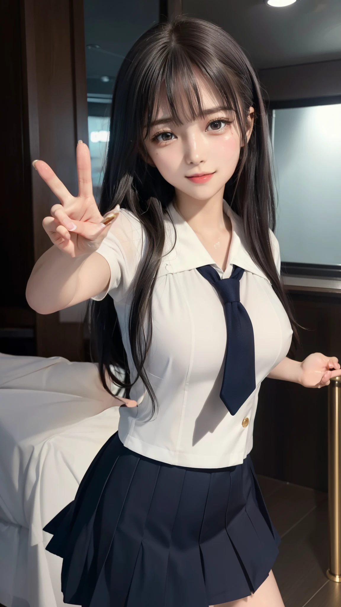 (Cute Sailor Uniform、Idol Smile)、One beautiful woman、(Detailed eyes and face:1.2、Professional photography techniques)、Beautiful Hands、Thin legs、(Highest quality:1.2), 8k, Official Art, chest、(Moisturizing lips、Cute duck lips)、(I can see your underwear:1.3、Pulling on skirt)、 Trending on cgstation, Official Art, Whole Body Ezbian、The beauty of sailor suits、Cool look、(masterpiece:1.2)、(Highest quality)、(8k)、(Cinema Lighting)、(complicated)、Black Hair、beautiful girl、Beautiful breasts、(beautiful girl, Cute face), Gold decoration in hair、naked、Sweat、chestのクローズアップ, Gardenia, Viola family, space , Looking at the audience, Film Grain, chromatic aberration, Focus on, Face Light, Dynamic Lighting, Cinema Lighting, (Cute tie:1.2)、(Detailed hands:1.2、The right move:1.2、Fine Fingers、The perfect peace sign:1.2)、(Cute Ties)