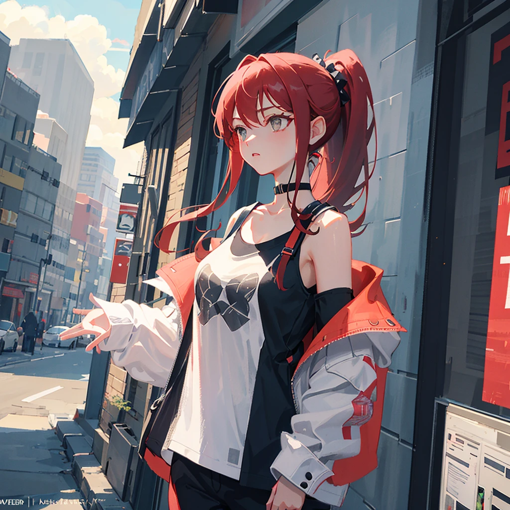 ultra closeup, Visible only up to the shoulders, portrait, [[[[[[1 woman]]]]]] {{{ponytail hair}}}, With bangs, long hair, red hair, gray eyes animation, Breasts slightly larger, medium hips, choker, with a straight face, inexpressive, black clothes, Casual clothes, Boxty, black crop tee, plain clothes, white outerwear, choker, very detailed, 8k, game illustration, city background, retro pictures