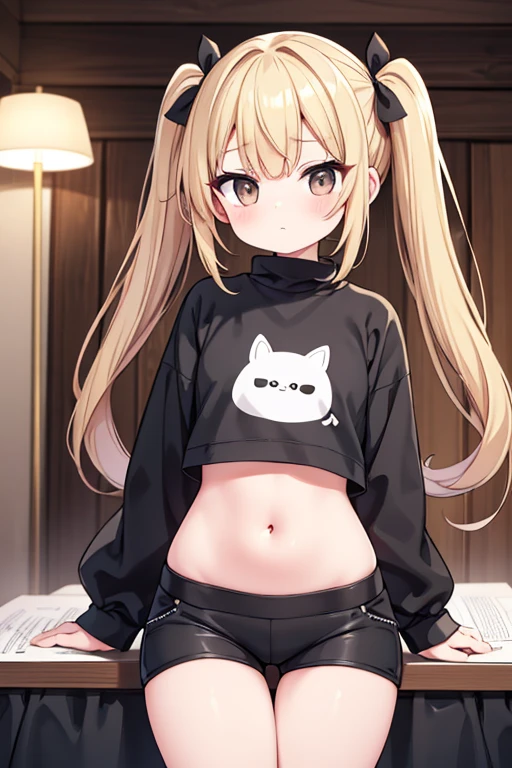 Maximum quality, work of art, high qualiy, detailed 8k, neat graphics. a girl, 独奏, very beautiful very beautiful. small, with dark brown eyes, light blonde hair tied in pigtails, your face flushed, rot) looking at me with a silly but cute vulnerable expression, (Broad Hips, very wide) wearing a short black sweatshirt with thick, long sleeves showing her stomach and wearing short black shorts. Appearing to be drawing something on a white sheet of paper on a table with a lamp.