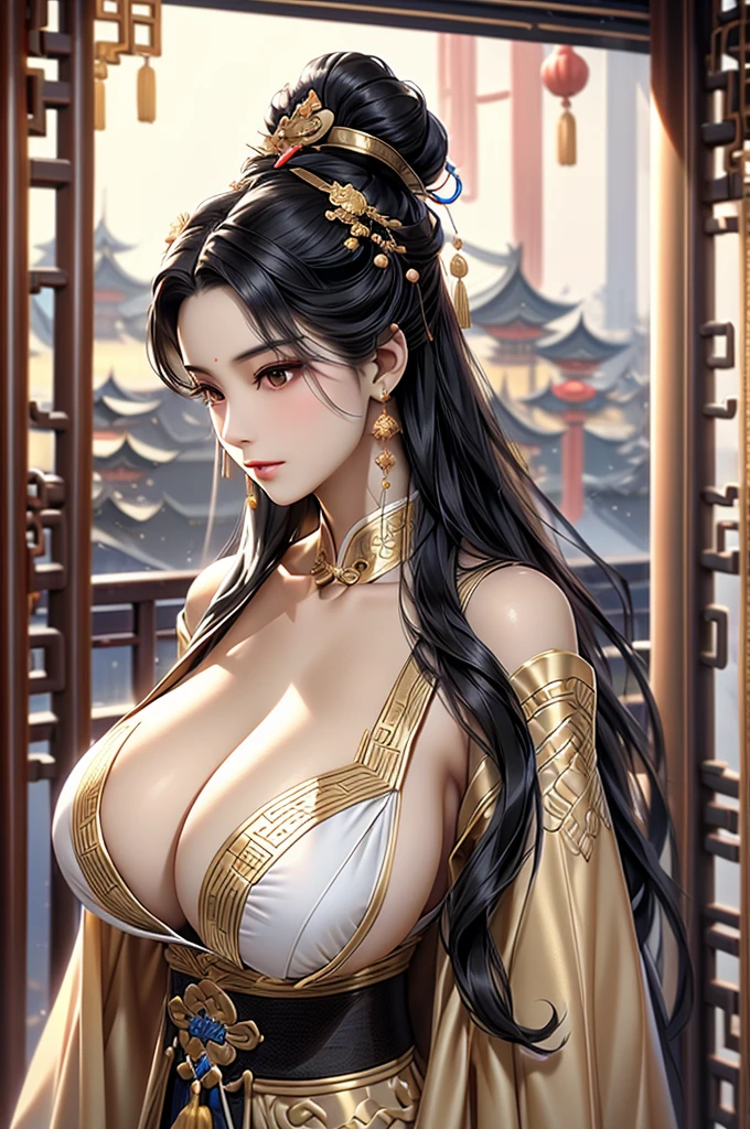 Black Hair, Immortal, Royal sister, Stepmother, Gold Robe, Taoist robe, Chinese style, Hair Bunch, Beautiful breasts