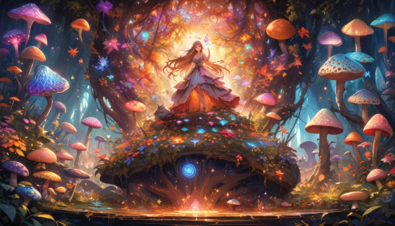 best quality,high resolution,masterpiece:1.2,Super detailed,actual,photoactual,psychedelic mushrooms,enchanted forest,Glowing Mushroom,dreamlike atmosphere,Floating spores,colorful vegetation,fairy lights,magical pattern,ethereal atmosphere,Whimsical fantasies,magical creatures,mysterious landscape,bright colors,Soft diffuse lighting,otherworldly beauty,Exquisite flora and fauna,mysterious light,unforgettably beautiful,transcend,peaceful atmosphere,mythology figure,Glowing leaves,magical light,Daydreaming,Serene and surreal,ethereal atmosphere,Whisper of magic,Engaging scenes,Hypnotic artwork,Sparkling portal,Mushroom wonderland,Magic lighting