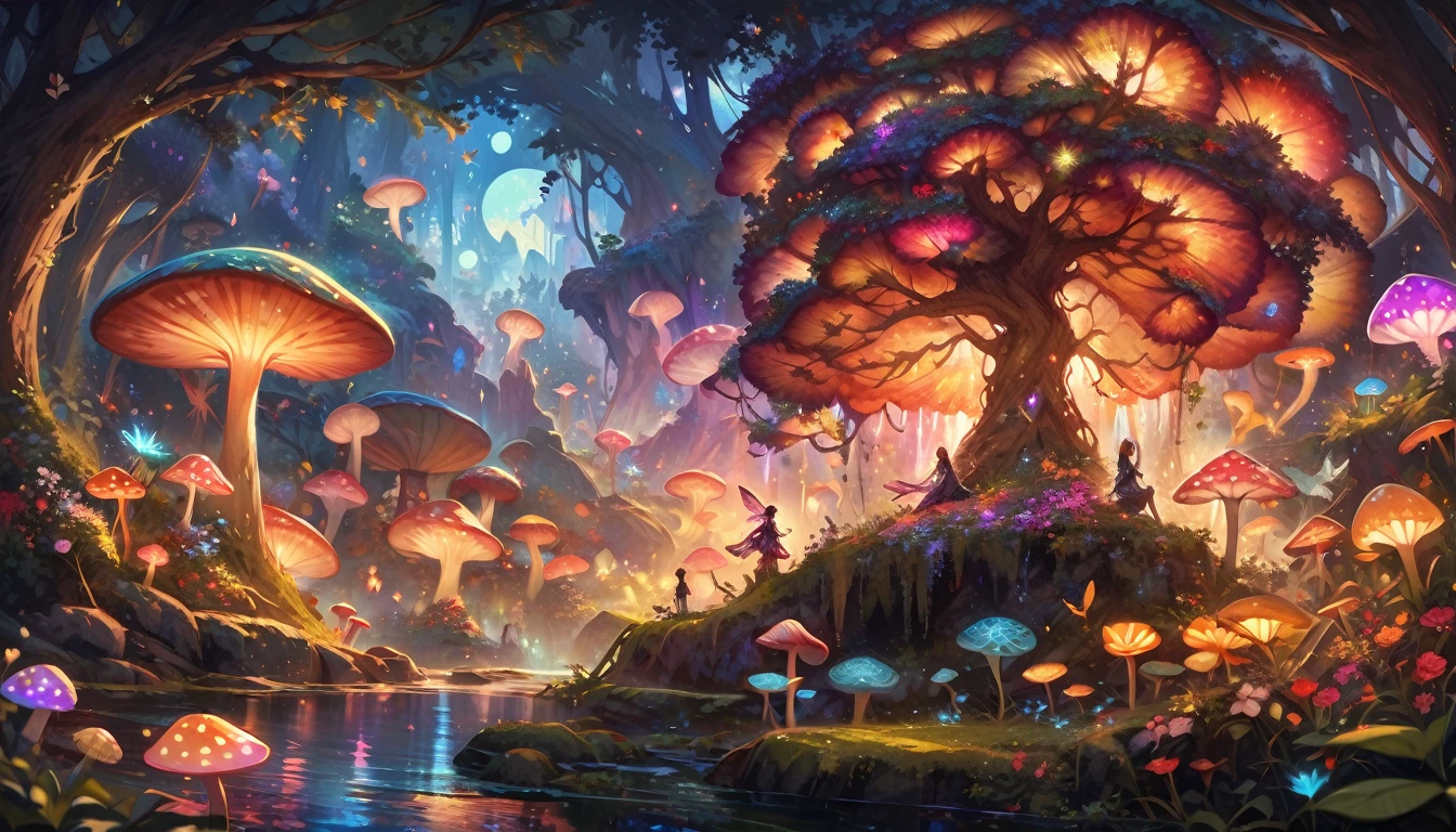 best quality,high resolution,masterpiece:1.2,Super detailed,actual,photoactual,psychedelic mushrooms,enchanted forest,Glowing Mushroom,dreamlike atmosphere,Floating spores,colorful vegetation,fairy lights,magical pattern,ethereal atmosphere,Whimsical fantasies,magical creatures,mysterious landscape,bright colors,Soft diffuse lighting,otherworldly beauty,Exquisite flora and fauna,mysterious light,unforgettably beautiful,transcend,peaceful atmosphere,mythology figure,Glowing leaves,magical light,Daydreaming,Serene and surreal,ethereal atmosphere,Whisper of magic,Engaging scenes,Hypnotic artwork,Sparkling portal,Mushroom wonderland,Magic lighting