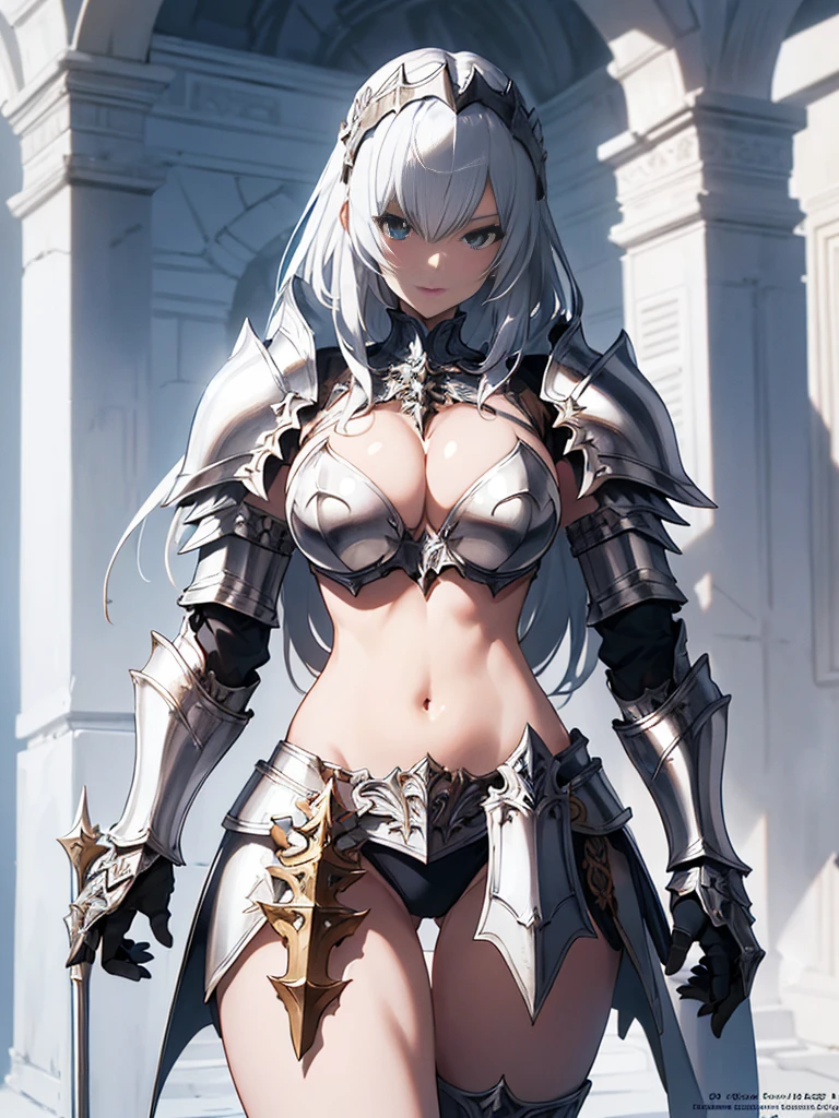 Close-up photo of a woman in armor, Bikini Armor Female Knight, Bikini Armor, Girl in Armor, Otherworld fantasy game characters,Slender figure,Cleavage,belly button,Bikini Armor, Bikini Armor, glossy White Armor, ornate Bikini Armor, thick装甲, thick, Kschaert Krentz Key Art Feminine, Female Knight, shiny silver armor, White Armor, Pale black armor, Highly detailed art gems,Dynamic Angle