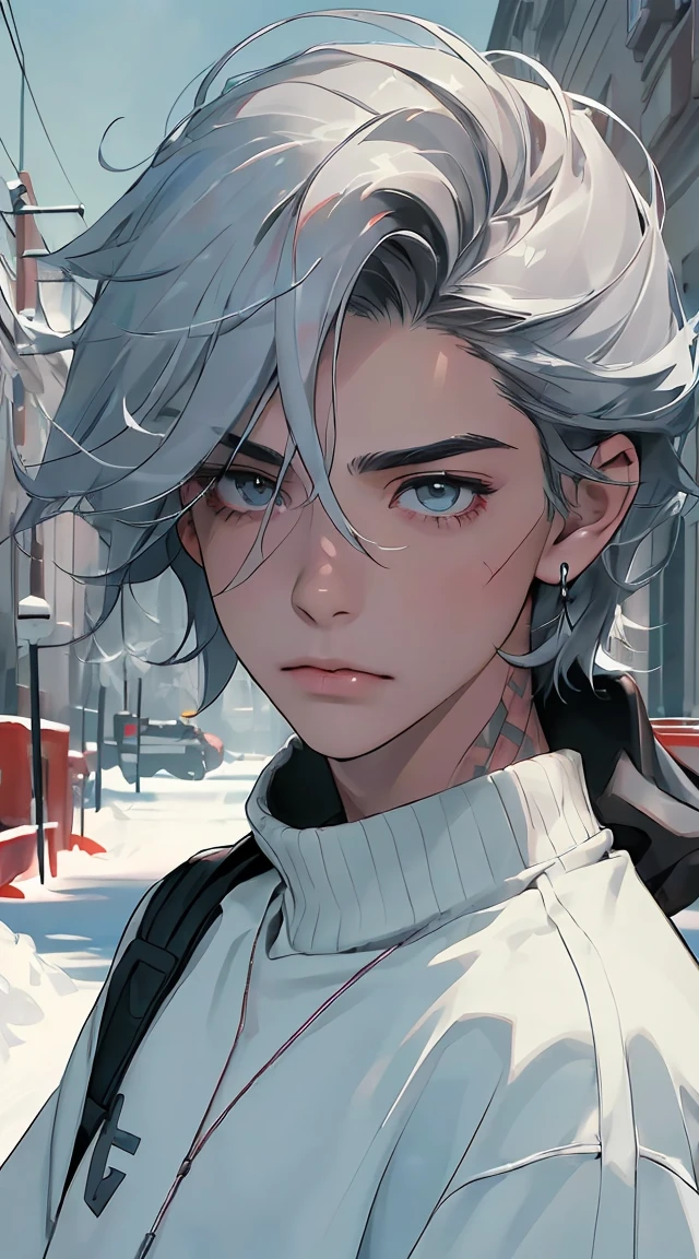 (((8k, RAW Photos, best qualityer, Masterpiece artwork: 1.4))), ultra-high resolution, ultra detali, lamp, Decote em close, handsome man, amber eyes, (detailedeyes, eyes are bright:1.2), long medium platinum hair, pale skin, ear piercings, neutral clothing, meticulous clothes, winter sweatshirt, Furry accessories in clothes, (Perfect Anatomia:1.2), Sombra de high qualiy, natural lighting, (white highlights:1.2), the cloudy night, (small tattoo on neck:1.2), (snowy and winter sky:1.2),work of art, high qualiy, best qualityer, High definition, realisitic, perfect lighting, body detailed, 1 men, dark platinum hair, Facial expression, winter sweatshirt, in street, snow falling, chilly, Scenery with snow