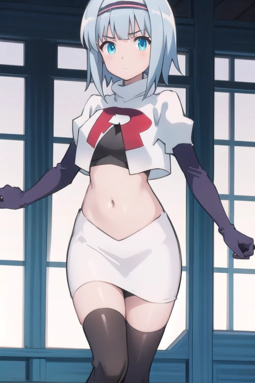 solo, 1girl, looking at viewer, 2D, anime, anime coloring, (simple background, solid white background:1.3),  linze silhoueska, team rocket,team rocket uniform,white skirt,red letter R,crop top,black thigh-highs,black elbow gloves