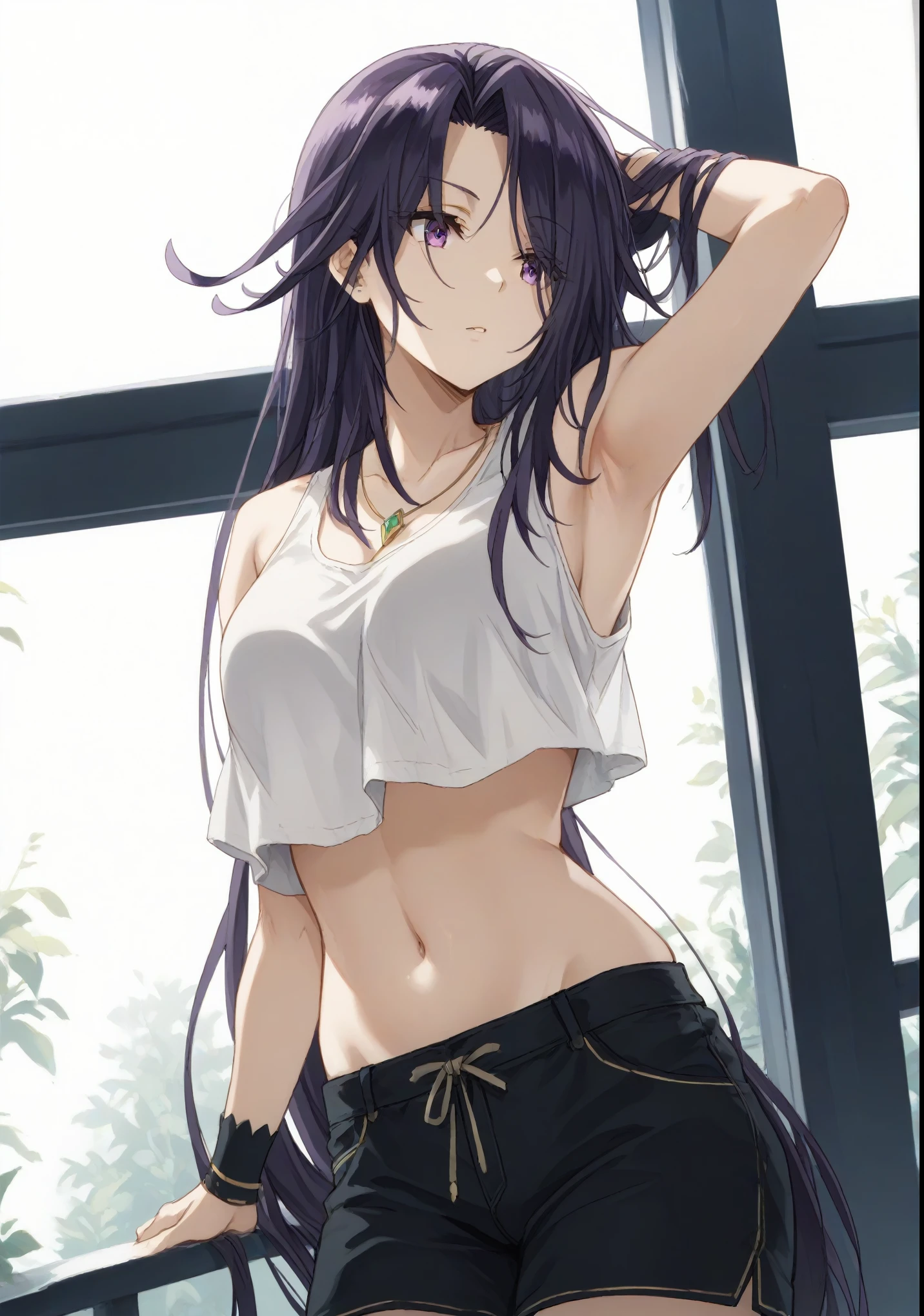 aurora,tall woman, long hair, purple hair, very long hair, purple eyes,white tank top,black shorts