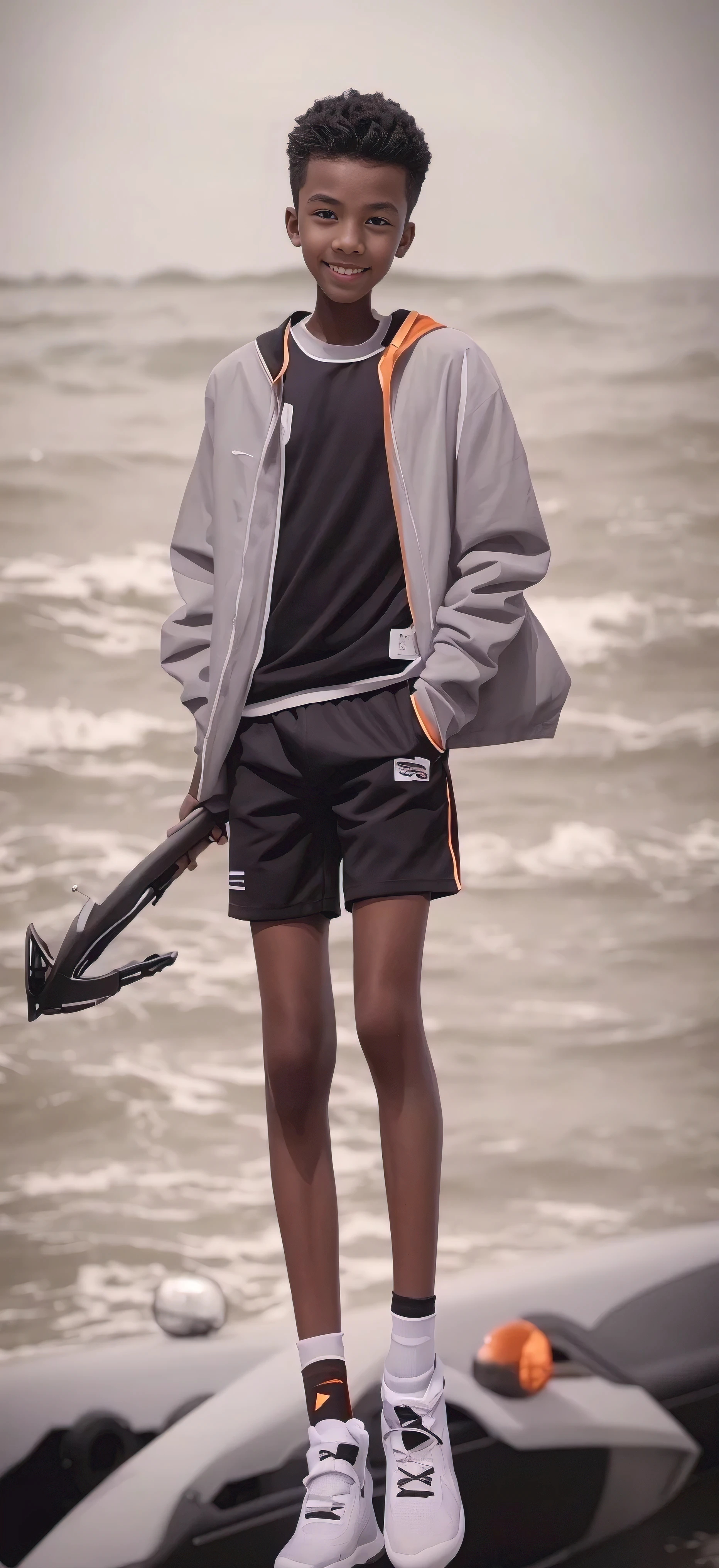 14 year old boy,(Wearing a white coat,Orange T-shirt underwear,Wearing black socks),Dark skin,Big round eyes,Very short hair