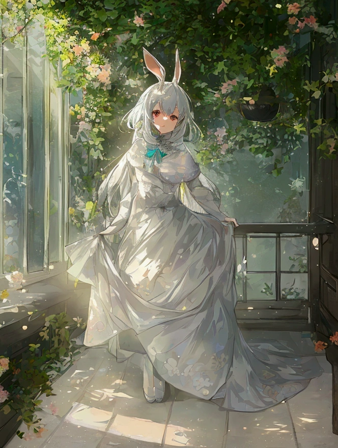 1 girl, kemono, rabbit girl, white hair, innocent appearance, porcelain skin, feminine charm