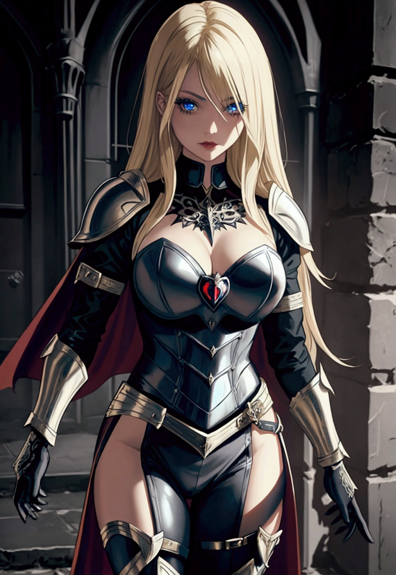 gothic Supergirl blonde with dark medieval armor
