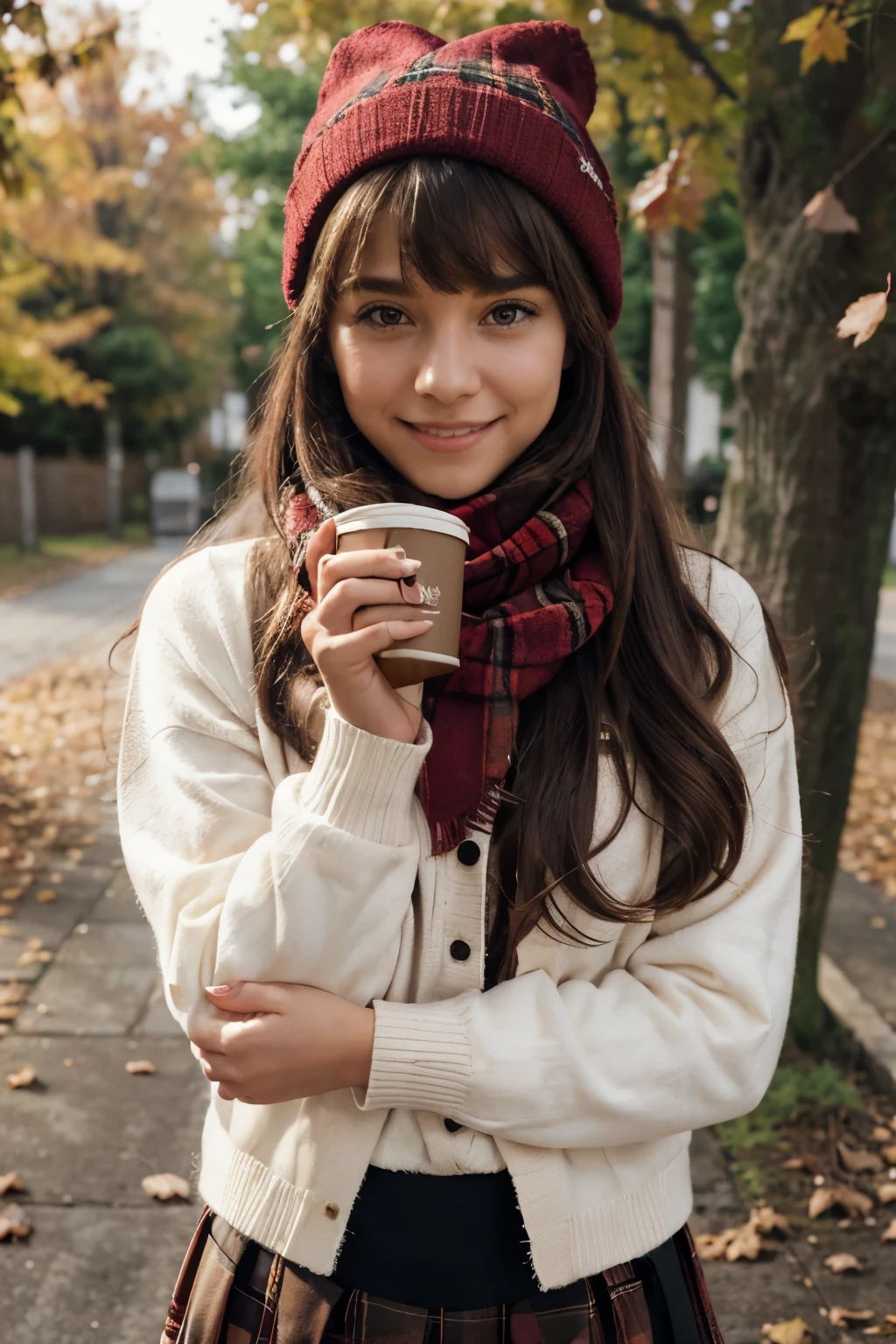 1girl, autumn leaves, bangs, black headwear, blurry background, blush, brown eyes, brown hair, brown scarf, brown skirt, cardigan, coffee, cowboy shot, cup, disposable cup, drink, falling leaves, beanie, holding, holding drink, leaf, long hair, long sleeves, looking at viewer, open cardigan, open mouth, plaid, plaid skirt, puffy long sleeves, red sweater, scarf, shirt, shirt tucked in, sidelocks, skirt, smile, solo, sweater, white shirt, extremely detailed, intricate, masterpiece, absurdres