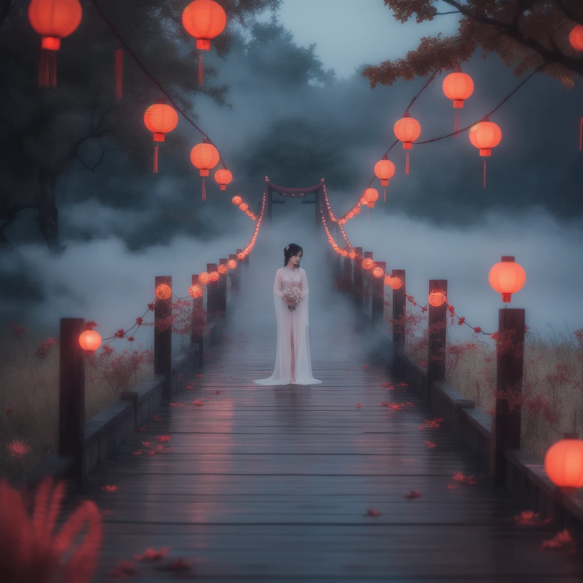 (masterpiece, best quality:1.2), upper body, ((1 beauty girl)), ((wearing clothes)), solo, ((lying pose)), The mysterious Chinese wooden suspension bridge is endlessly long, floating in the mist, on both sides of the bridge are fallen lanterns, on both sides of the river are decorated with red spider lilies, ethereal lighting, delicate smoke effects, dreamlike background , the symbol symbolizes the spiritual journey and reunion, gentle pastel colors, quiet atmosphere, chinese hell theme, cinematic, dark scene,
